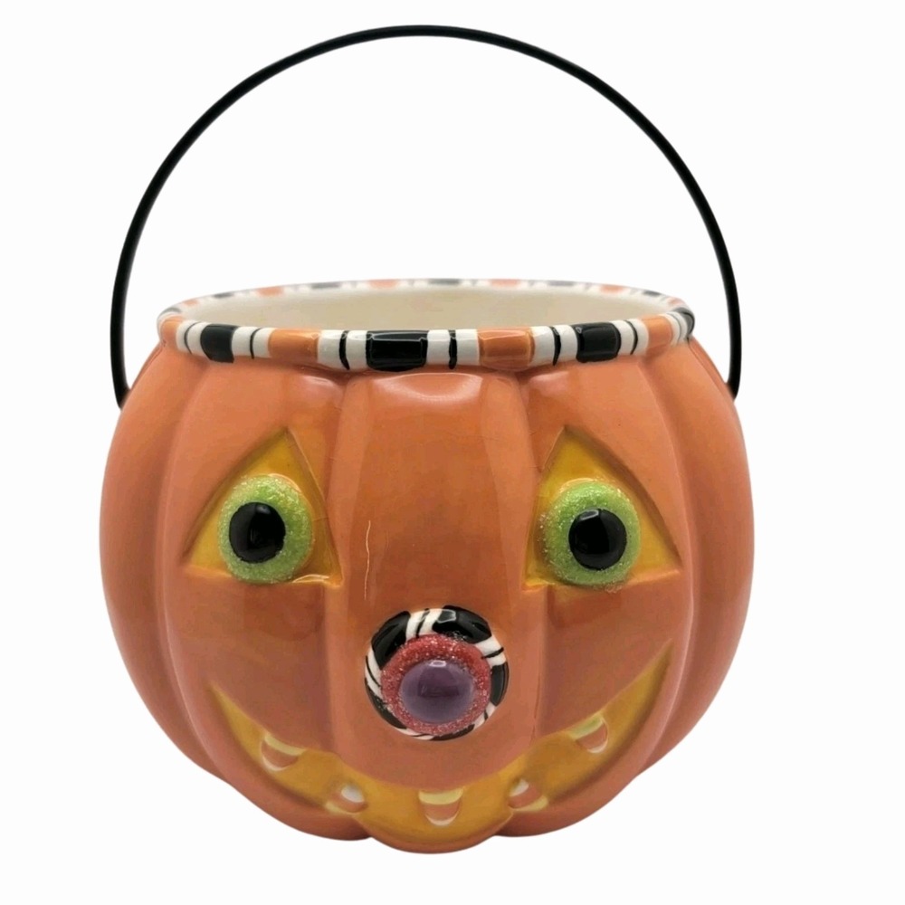 Hallmark‎ Ceramic Pumpkin Candy Bucket Pail Jack-O-Lantern Halloween Decor 4”